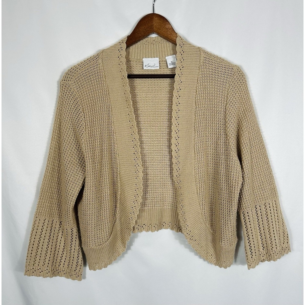 Kim Rogers Y2K Coastal Crochet Bell Sleeve Open Knit Shrug Crop Cardigan Size XL
